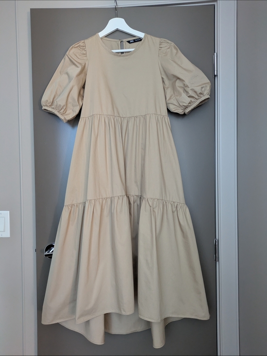 Zara Dresses & Skirts - Zara 100% Cotton Beige Puff-Sleeve High-Low Tiered Dress Size S Summer|Occasion